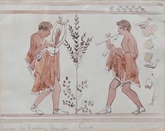 Emile Roux (1822-1915), watercolour, Classical figures playing instruments, inscribed in pencil with artist's studio stamp, Abbott & Holder gallery label verso, 12 x 15cm. Condition - fair to good